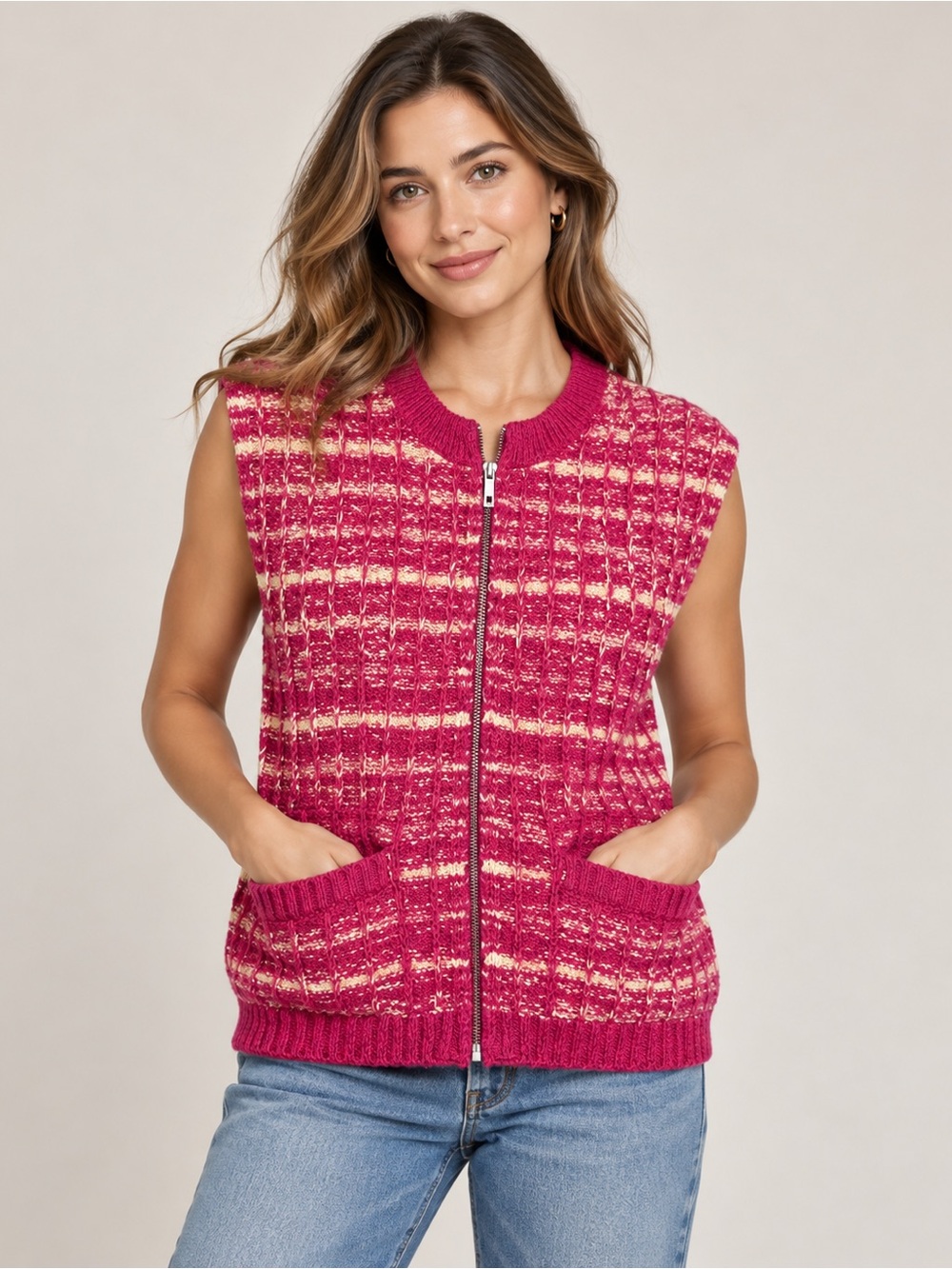 Maeve Anthropologie Pink Textured Knit Zip-Up Sweater Vest Size Large